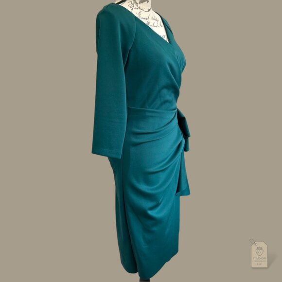 XSCAPE Emerald Green Draped Ruffle Sheath Dress Women’s Size 6 Made in USA - Picture 3 of 7